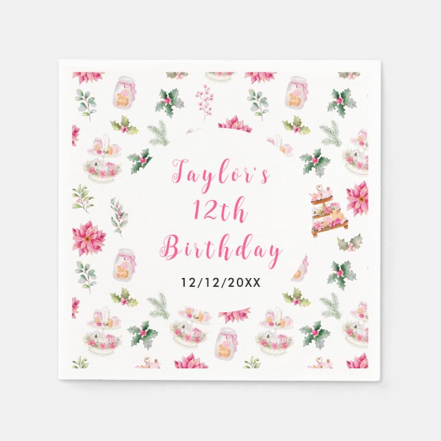 Holiday Christmas Tea Birthday Party Pink Napkins (Front)
