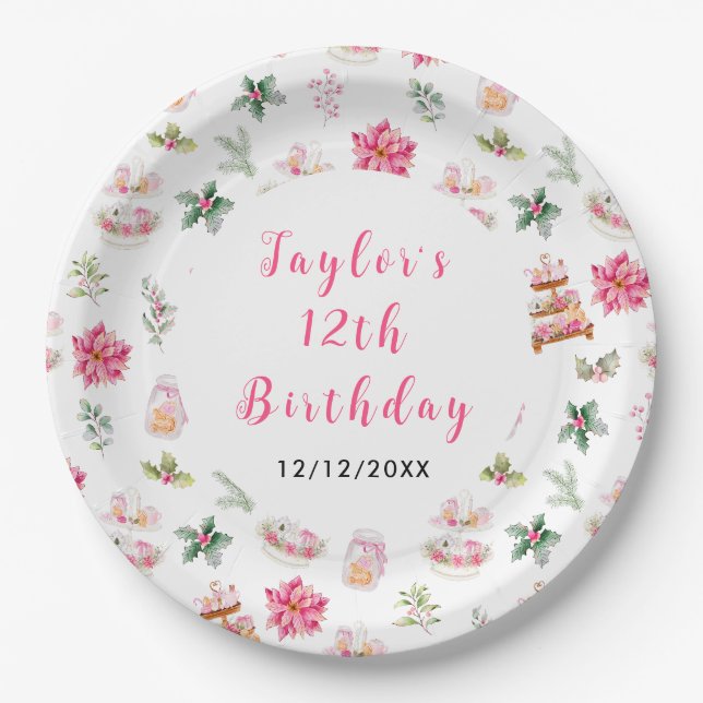 Holiday Christmas Tea Birthday Party Pink Paper Plates (Front)