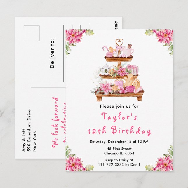 Holiday Christmas Tea Birthday Party Pink Postcard (Front/Back)
