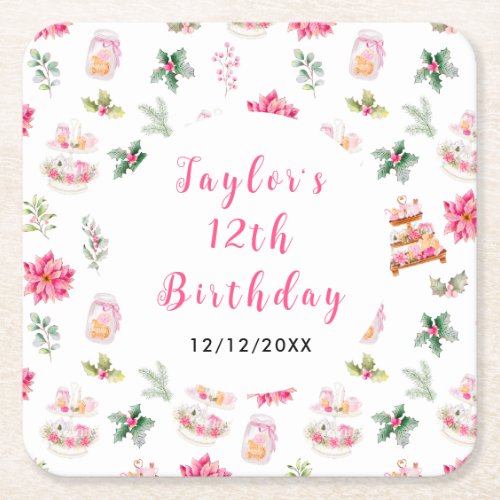 Holiday Christmas Tea Birthday Party Pink Square Paper Coaster