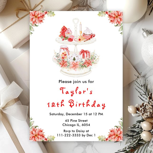 Holiday Christmas Tea Birthday Party Red Invitation (Creator Uploaded)