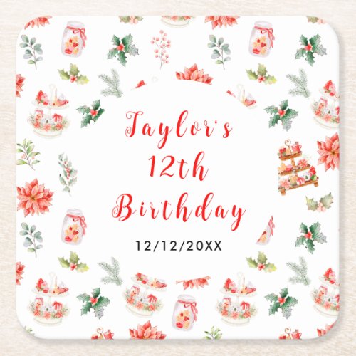 Holiday Christmas Tea Birthday Party Red Square Paper Coaster