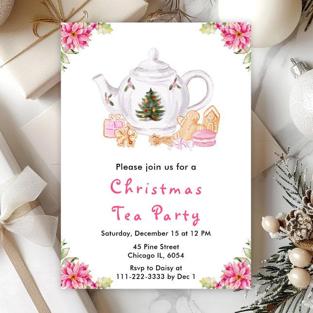 Holiday Christmas Tea Party Pink Invitation (Creator Uploaded)
