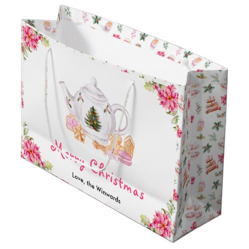 Holiday Christmas Tea Pink Merry Christmas Large Gift Bag