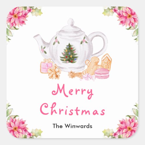 Holiday Christmas Tea Pink Merry Christmas Square Sticker