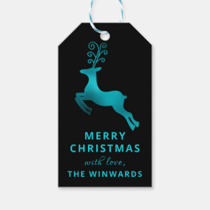 Holiday Christmas Teal Foil Reindeer Gift Tags