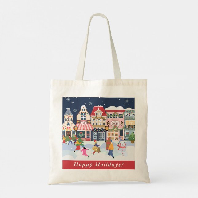 Holiday Christmas Town Whimsy Personalize Tote Bag (Back)