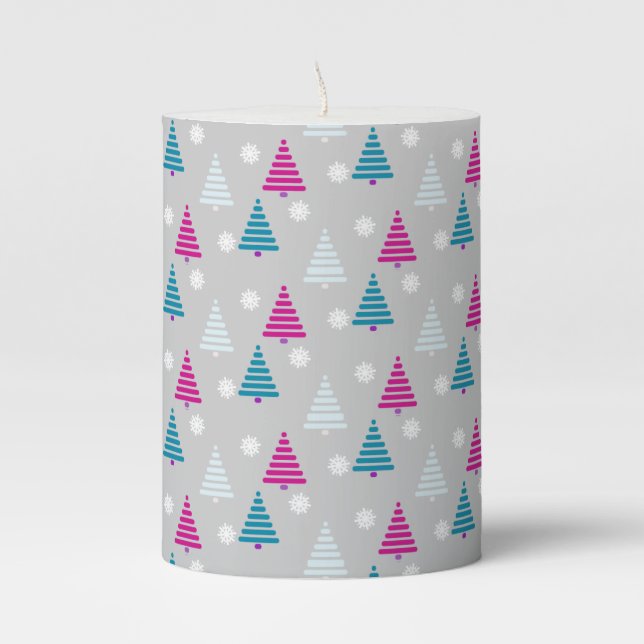 Holiday Christmas tree blue pink simple Pillar Candle (Front)