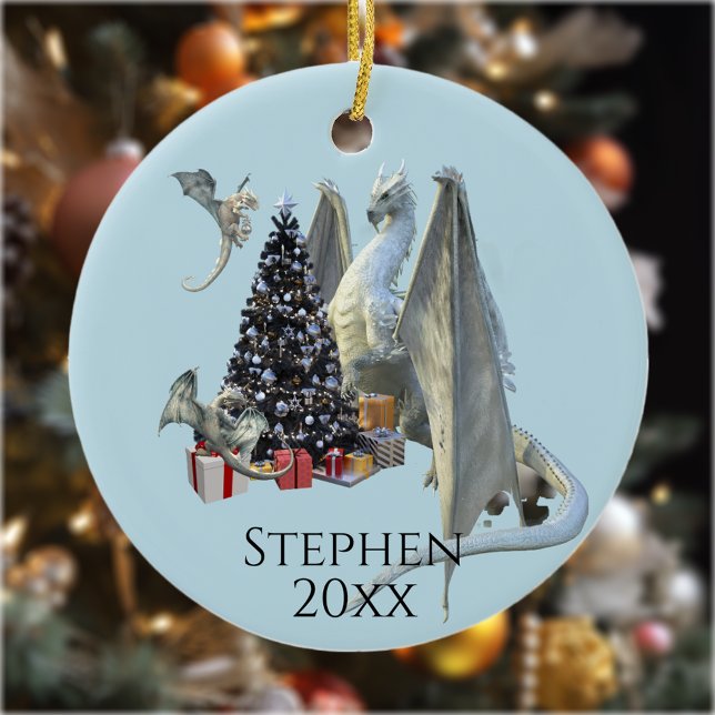 Holiday Christmas Tree Ice Dragon with Babies Ceramic Ornament (Creator Uploaded)