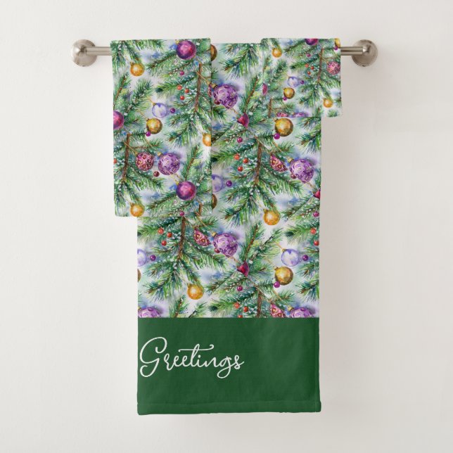 Holiday Christmas Tree Ornaments Bath Towel Set (Insitu)