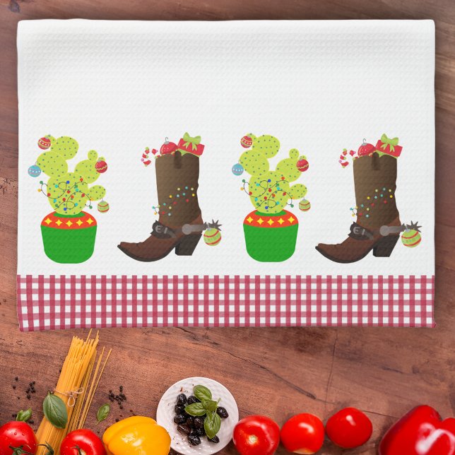 Holiday Christmas Western Cowboy Cactus Southwest Kitchen Towel (Creator Uploaded)