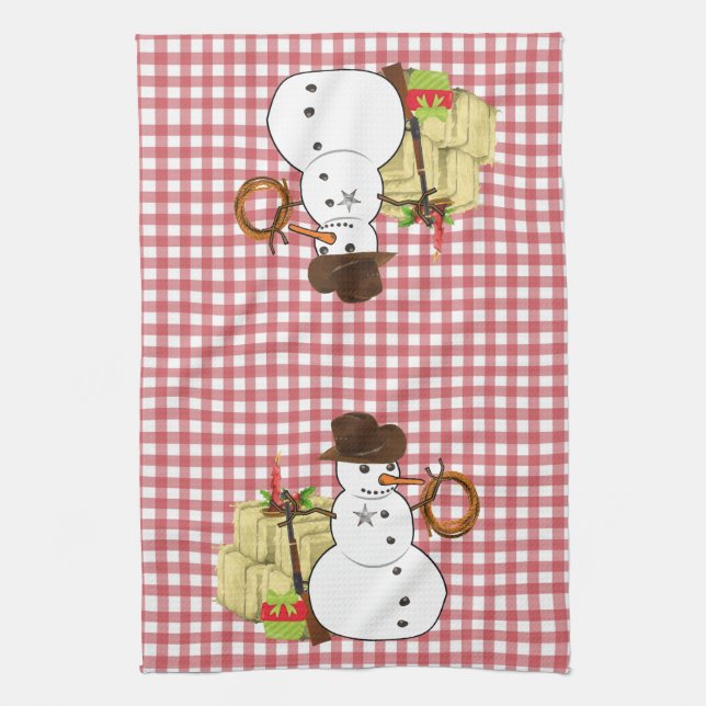 Holiday Christmas Western Cowboy Snowman Kitchen Towel (Vertical)