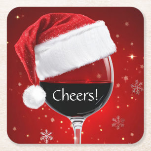 Holiday Christmas Wine Cheers Party Square Paper Coaster