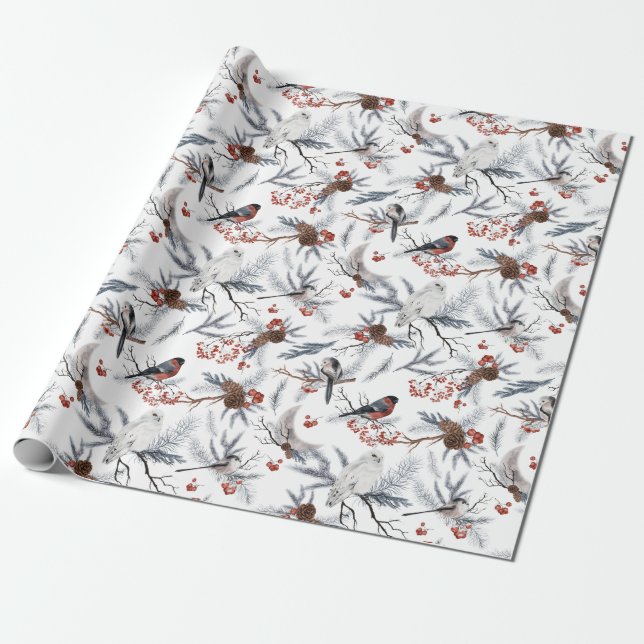 Holiday Christmas Winter Bird Gift Wrapping Paper (Unrolled)