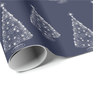 Holiday Christmas Wrapping Paper Silver Tree Navy