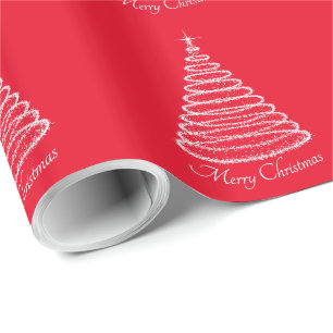 Holiday Christmas Wrapping Paper Silver Tree Red