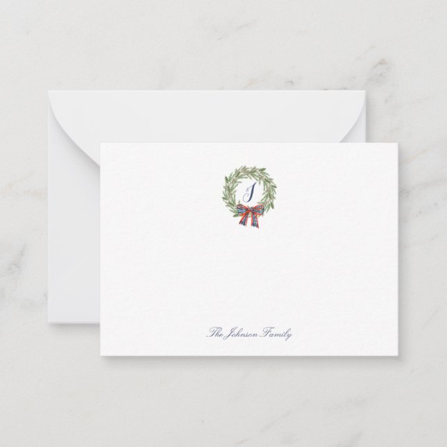 Holiday Christmas Wreath Bow Stationery Monogram Note Card (Front)