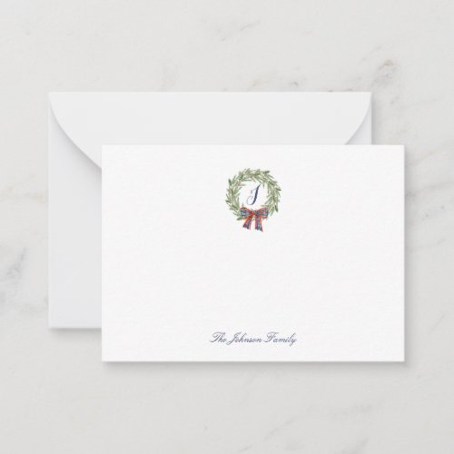 Holiday Christmas Wreath Bow Stationery Monogram Note Card