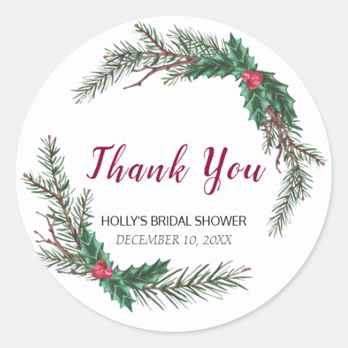 Holiday Christmas Wreath Bridal Shower Thank You Classic Round Sticker