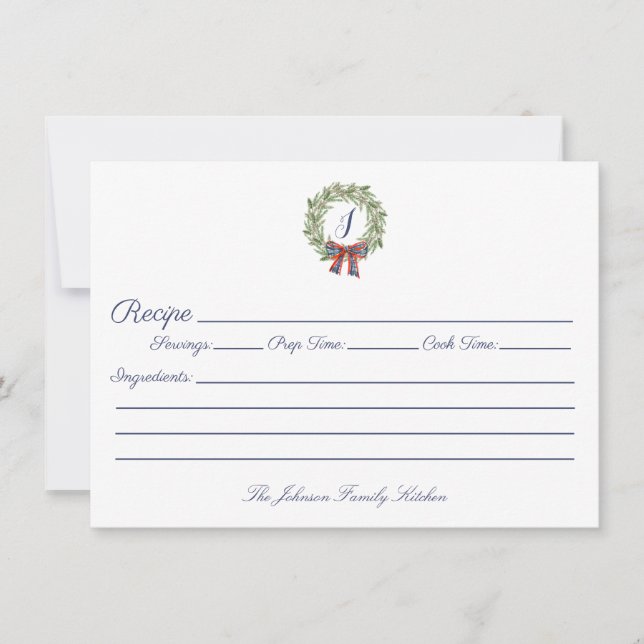 Holiday Christmas Wreath Monogram Family Recipe Note Card (Front)