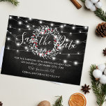 Holiday Christmas Wreath Party Save the Date Announcement Postcard<br><div class="desc">Rustic save the date xmas party postcards featuring a classic chalkboard background,  string twinkle lights,  a festive green and red berry christmas wreath and a modern holiday event text template.</div>