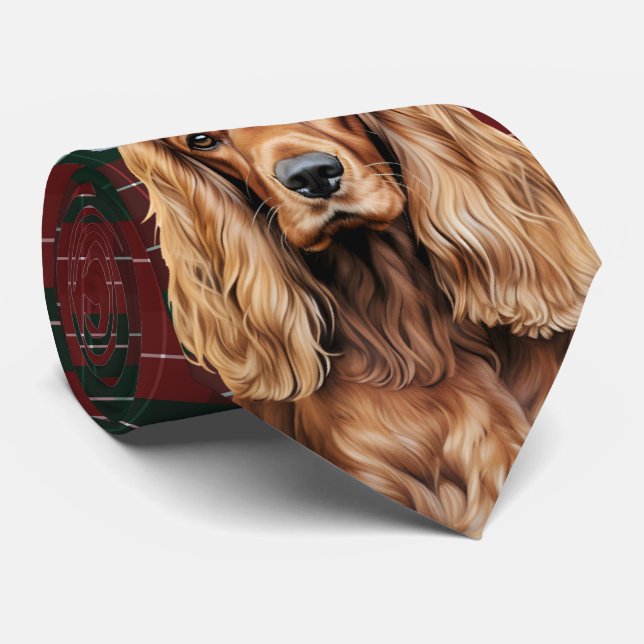 Holiday Cocker Spaniel Dog with Christmas Plaid Neck Tie (Rolled)