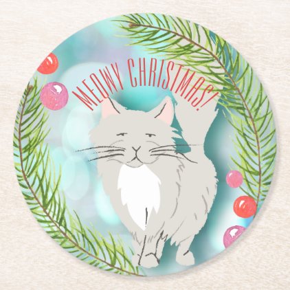 Holiday Cocktail Meowy (merry Christmas) Round Paper Coaster