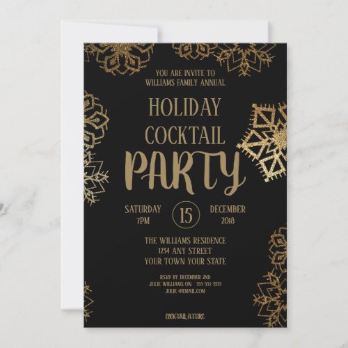 Holiday Cocktail Party Black and Gold Glitter Invitation