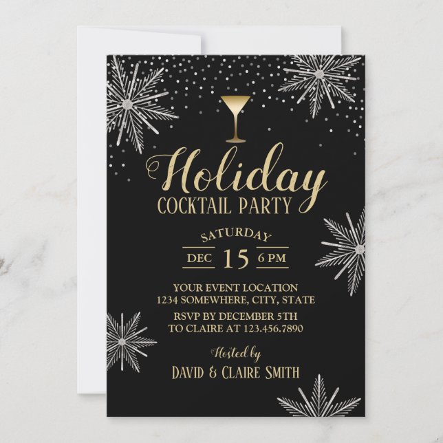 Holiday Cocktail Party Modern Silver Snowflakes Invitation (Front)