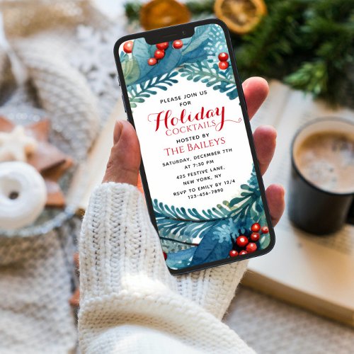 Holiday Cocktails Elegant Christmas Floral Wreath Invitation