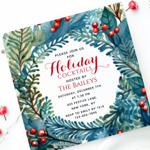 Holiday Cocktails Elegant Christmas Floral Wreath Invitation