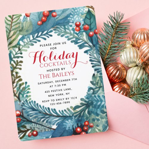 Holiday Cocktails Elegant Christmas Floral Wreath Invitation