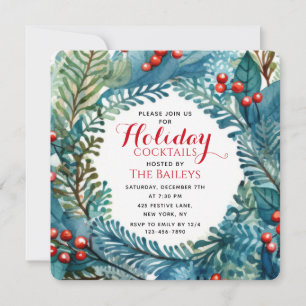 Holiday Cocktails Watercolor Christmas Wreath Invitation