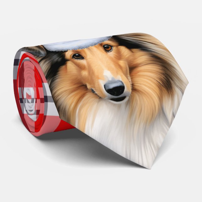Holiday Collie Dog Red and White Plaid Christmas Neck Tie (Rolled)