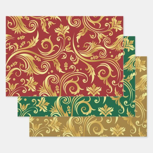 Holiday Color Wrapping Paper Flat Sheet Set of 3