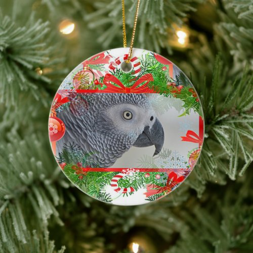 Holiday Congo African Grey Parrot Christmas Ceramic Ornament