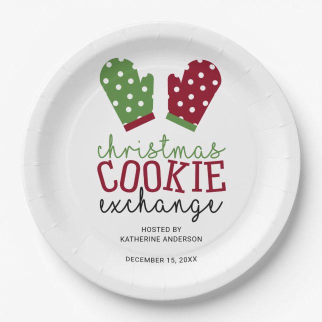 Holiday Cookie Exchange Party Christmas Oven Mitts Paper Plates (Front)