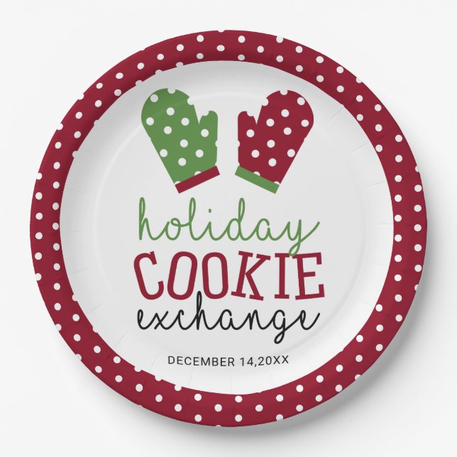 Holiday Cookie Exchange Party Christmas Oven Mitts Paper Plates (Front)
