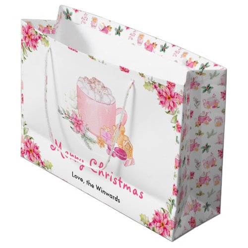 Holiday Cookies and Cocoa Pink Merry Christmas Large Gift Bag