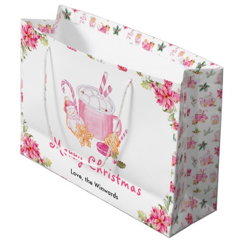Holiday Cookies and Cocoa Pink Merry Christmas Large Gift Bag