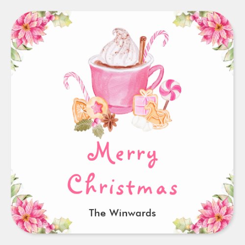 Holiday Cookies and Cocoa Pink Merry Christmas Square Sticker