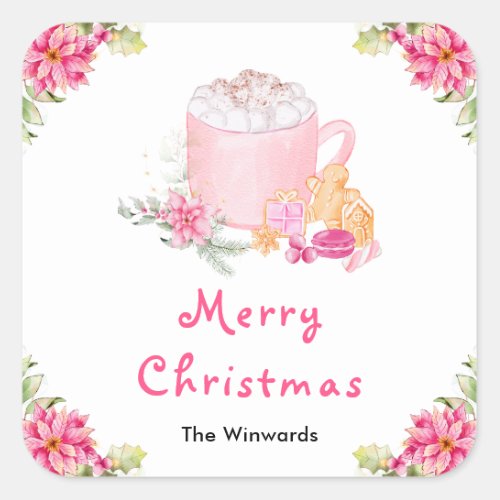 Holiday Cookies and Cocoa Pink Merry Christmas Square Sticker