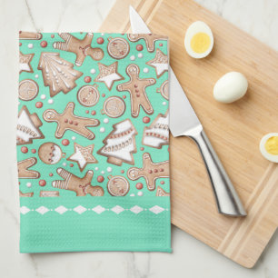 Holiday Cookies Pattern on Teal Kitchen Towel