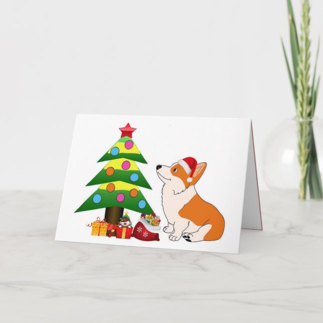 Holiday Corgi Cartoon with Tree Card (Front)