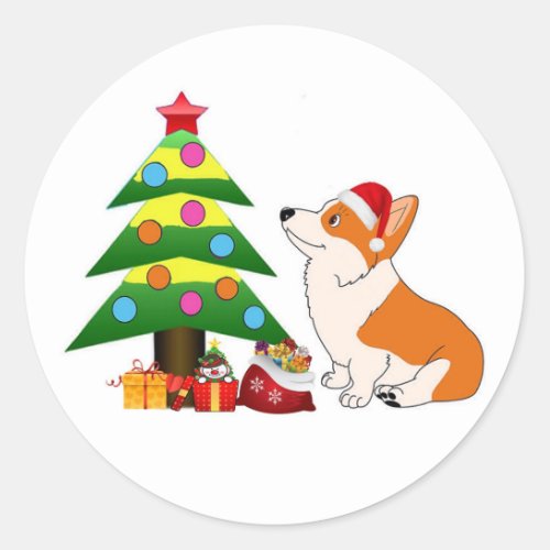 Holiday Corgi Cartoon with Tree Classic Round Sticker
