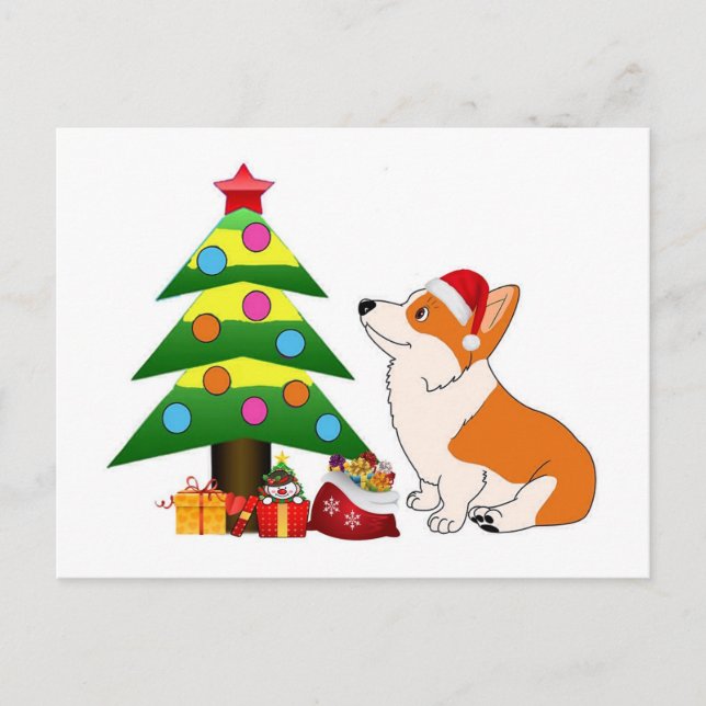 Holiday Corgi Cartoon with Tree Postcard (Front)