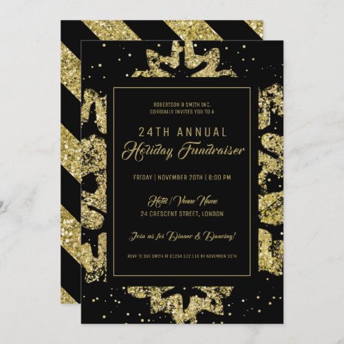 Holiday Corporate Charity Fundraiser Gold  Black Invitation