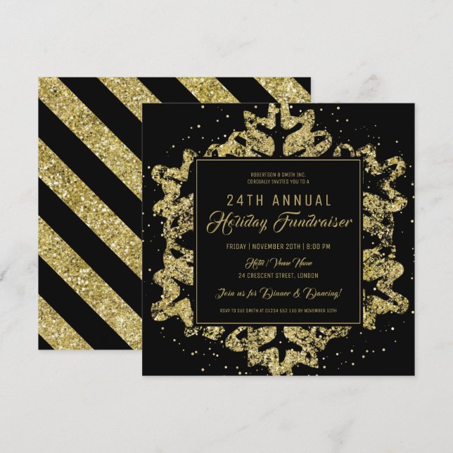 Holiday Corporate Fundraiser Gala Gold & Black Invitation (Front/Back)