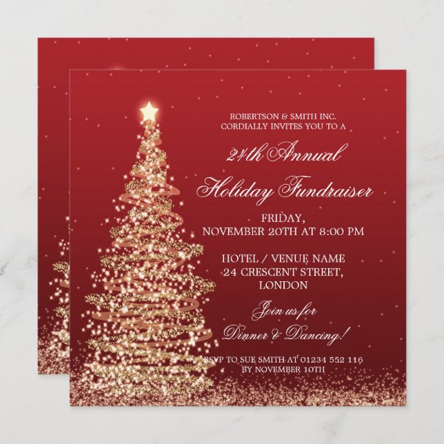 Holiday Corporate Fundraiser Gala Gold & Red Invitation (Front/Back)