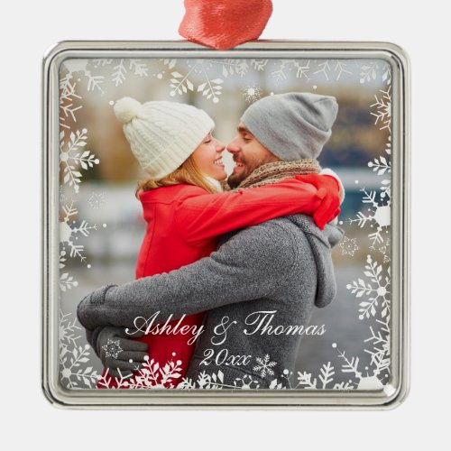 Holiday Couple Photo Name Date Snowflake Border Metal Ornament